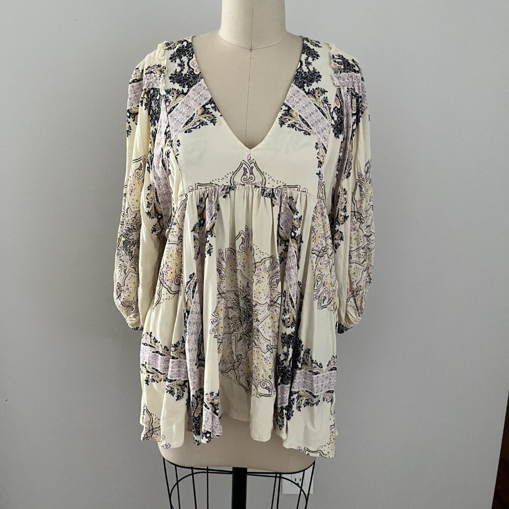 Free People Women's Girl Talk Tunic Top Dress Long Sleeve Ivory Pockets Boho XS